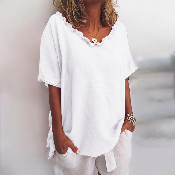 Women's Loose-Fit Frill-Neck Short-Sleeve Linen Blouse - White
