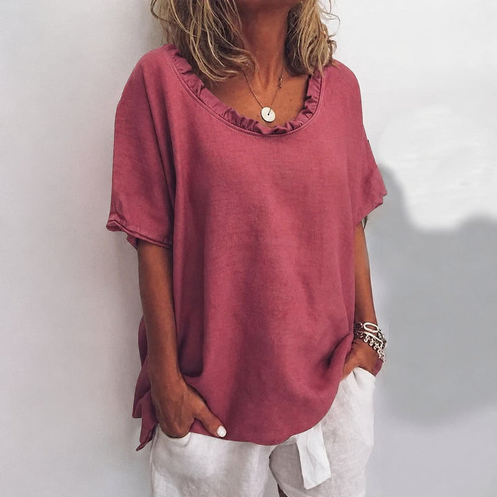 Women's Loose-Fit Frill-Neck Short-Sleeve Linen Blouse - Dark Pink