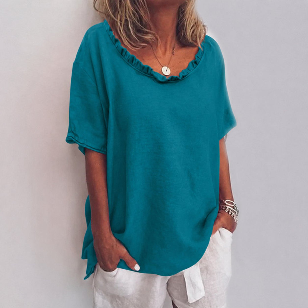 Women's Loose-Fit Frill-Neck Short-Sleeve Linen Blouse - Sea Blue