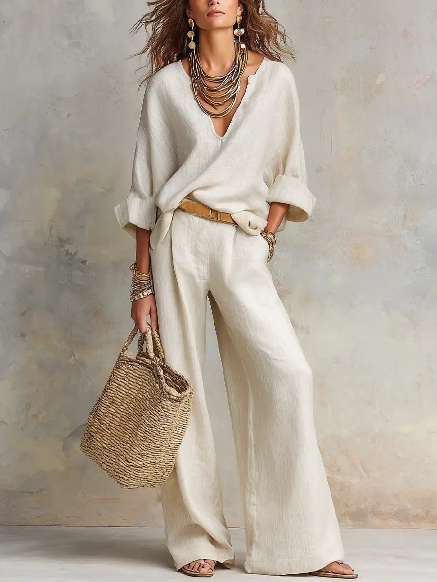 Women's Loose-Fit Linen Two-Piece Set - White