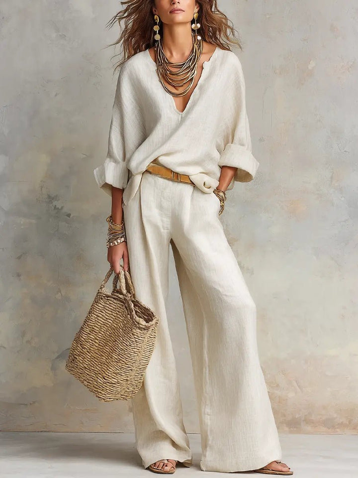 Women's Loose-Fit Linen Two-Piece Set - White