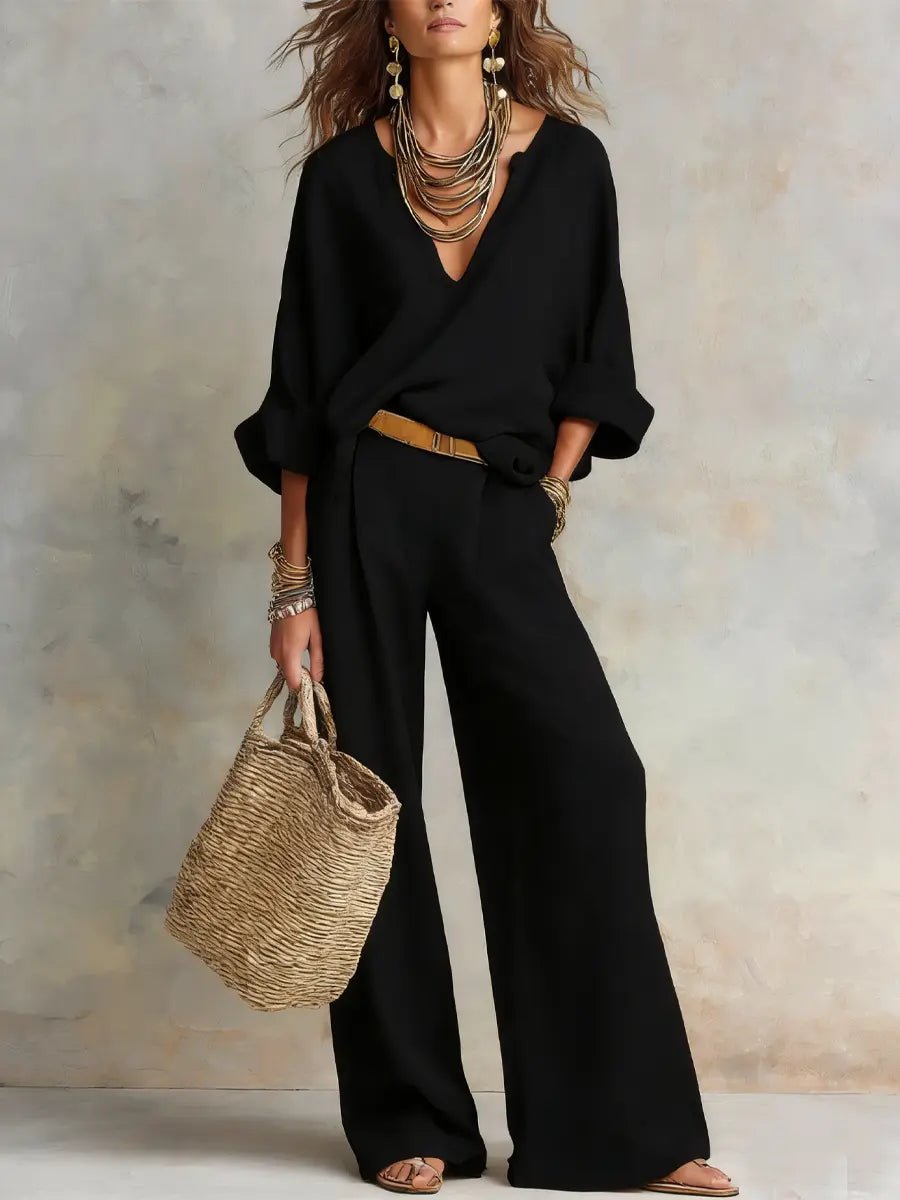 Women's Loose-Fit Linen Two-Piece Set - Black