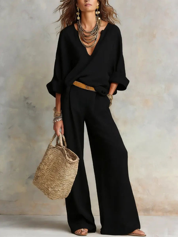 Women's Loose-Fit Linen Two-Piece Set - Black