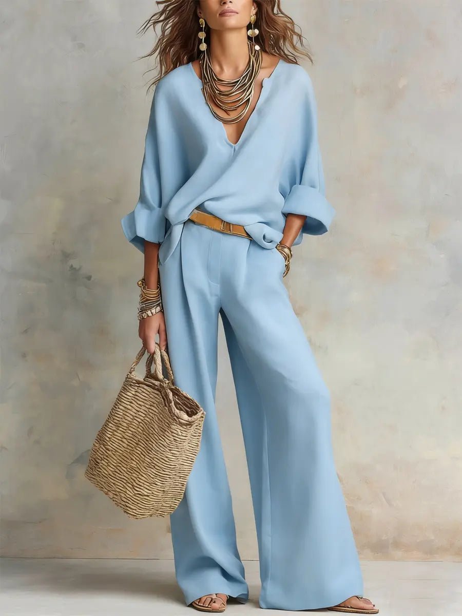Women's Loose-Fit Linen Two-Piece Set - Blue
