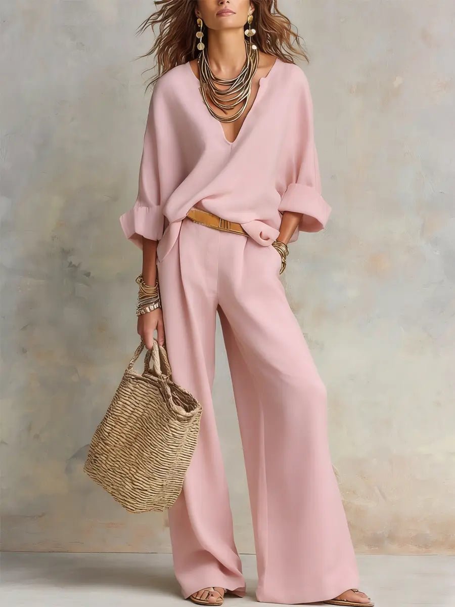 Women's Loose-Fit Linen Two-Piece Set - Pink
