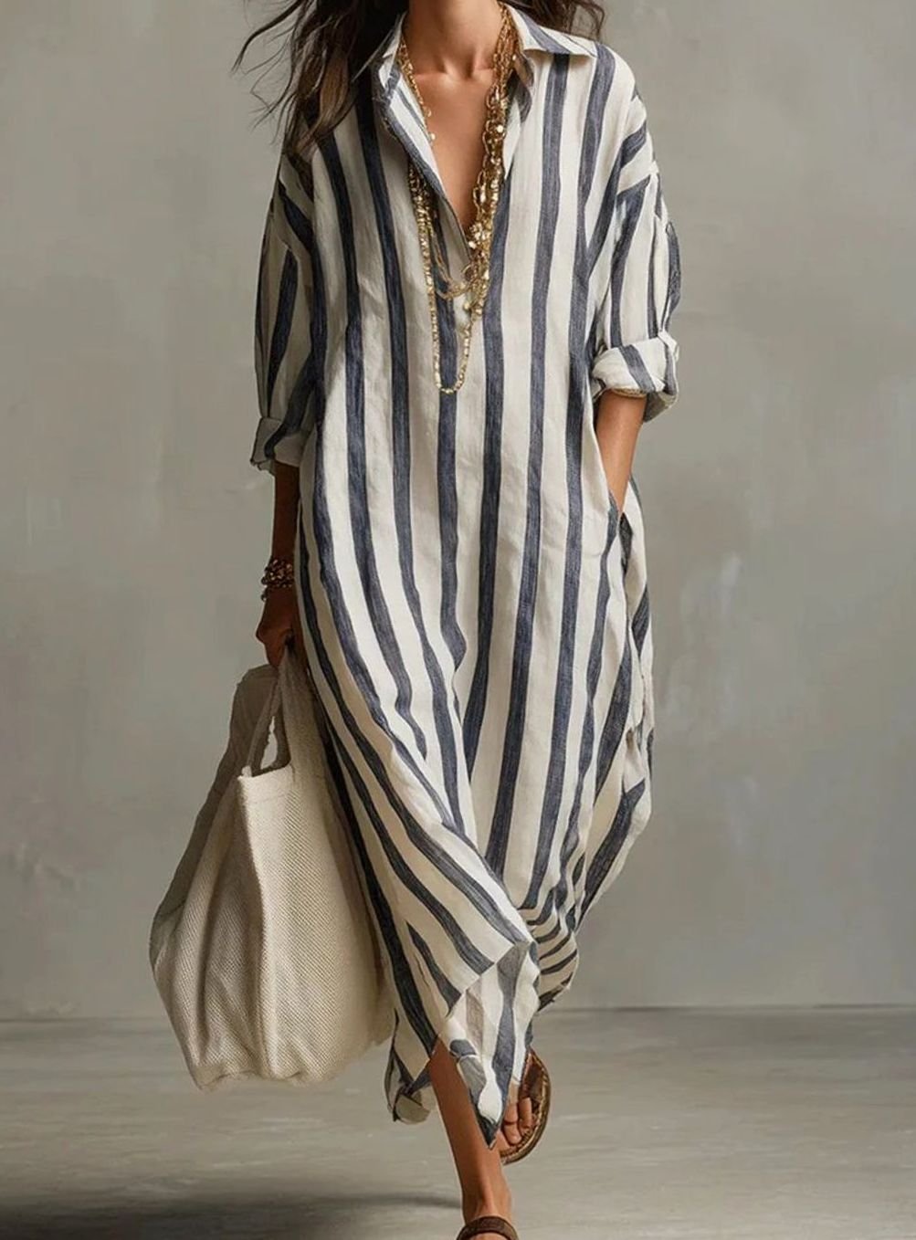 Women's Loose-Fit Striped Linen Shirt Midi Dress - Blue
