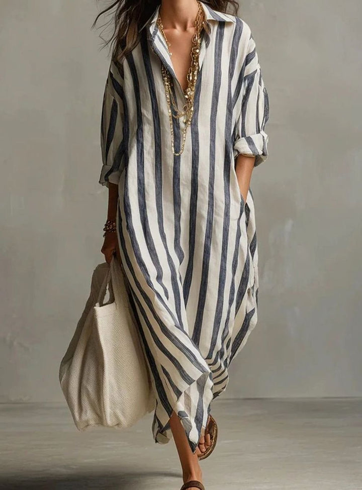 Women's Loose-Fit Striped Linen Shirt Midi Dress - Blue