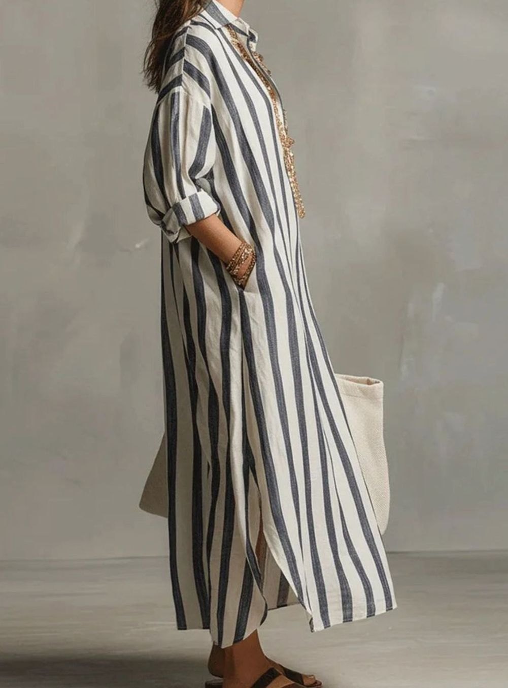 Women's Loose-Fit Striped Linen Shirt Midi Dress