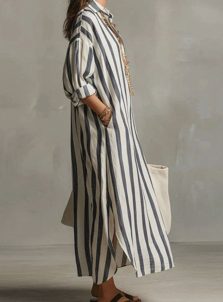 Women's Loose-Fit Striped Linen Shirt Midi Dress