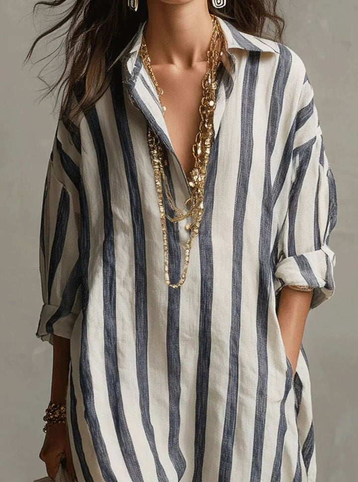 Women's Loose-Fit Striped Linen Shirt Midi Dress
