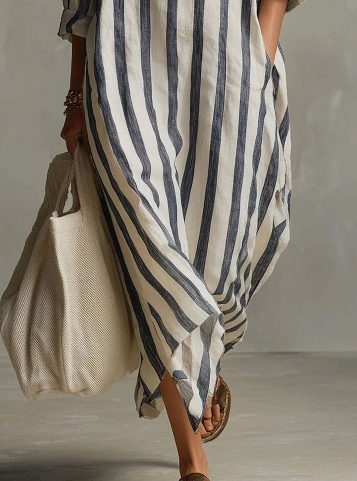 Women's Loose-Fit Striped Linen Shirt Midi Dress