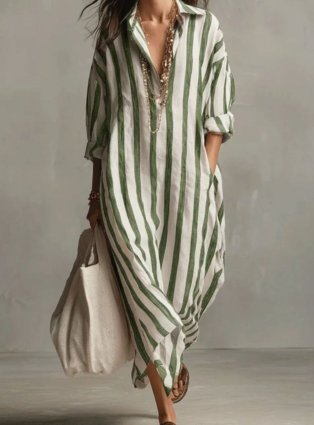 Women's Loose-Fit Striped Linen Shirt Midi Dress - Green