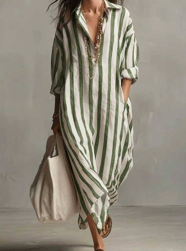Women's Loose-Fit Striped Linen Shirt Midi Dress - Green