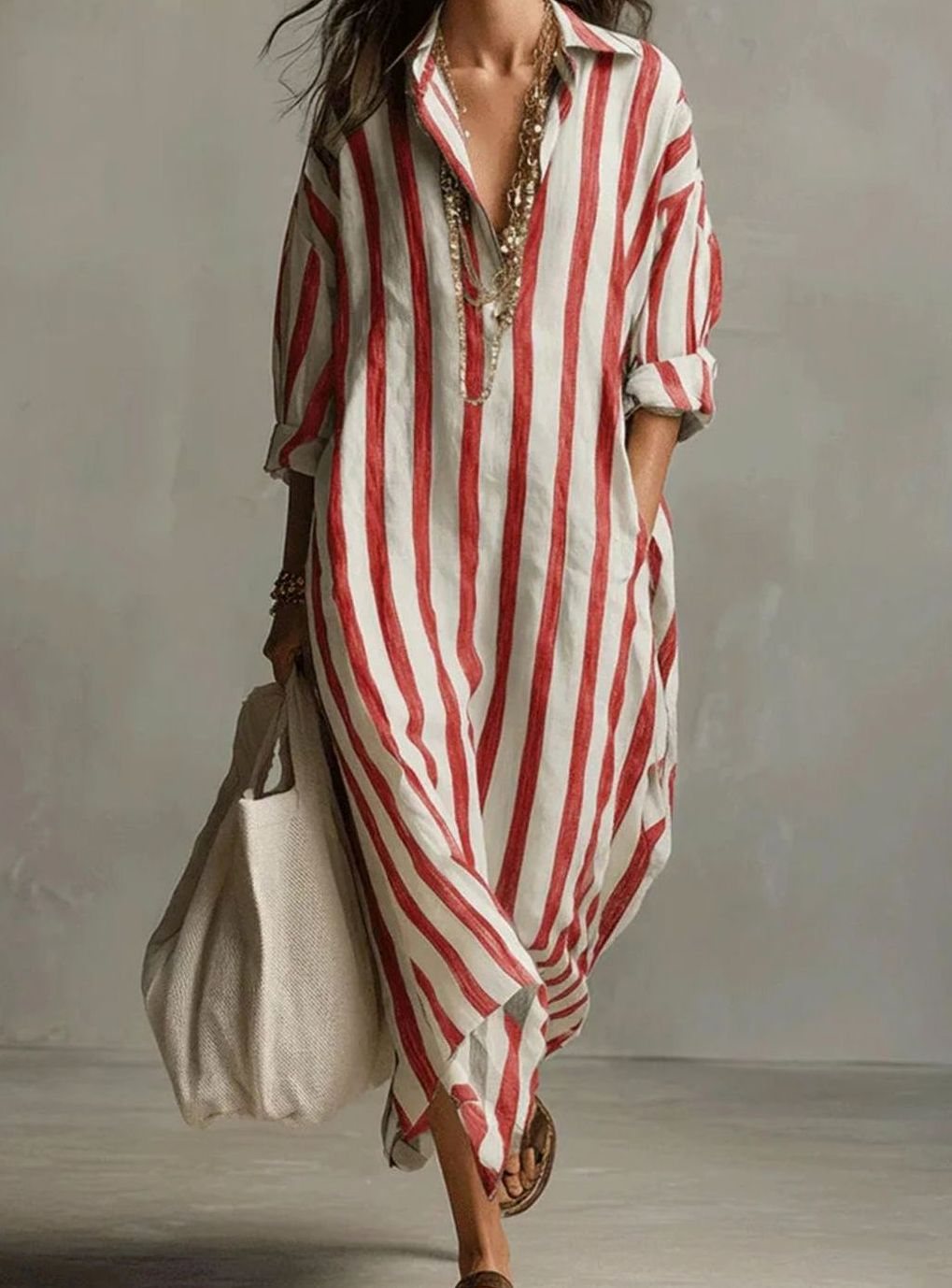 Women's Loose-Fit Striped Linen Shirt Midi Dress - Red
