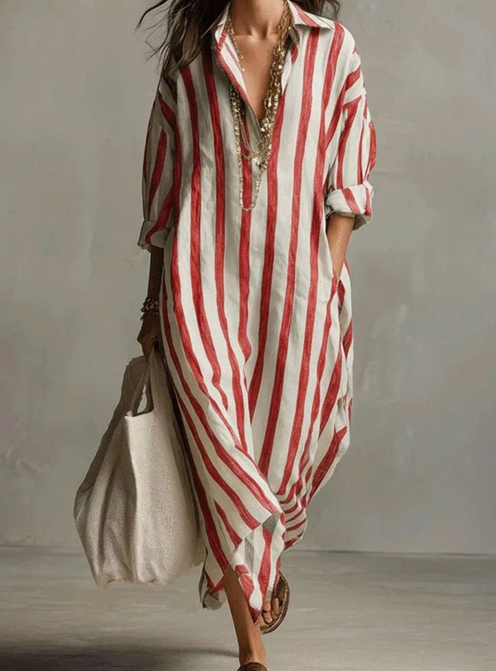 Women's Loose-Fit Striped Linen Shirt Midi Dress - Red