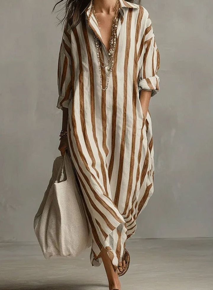 Women's Loose-Fit Striped Linen Shirt Midi Dress - Earthy Yellow