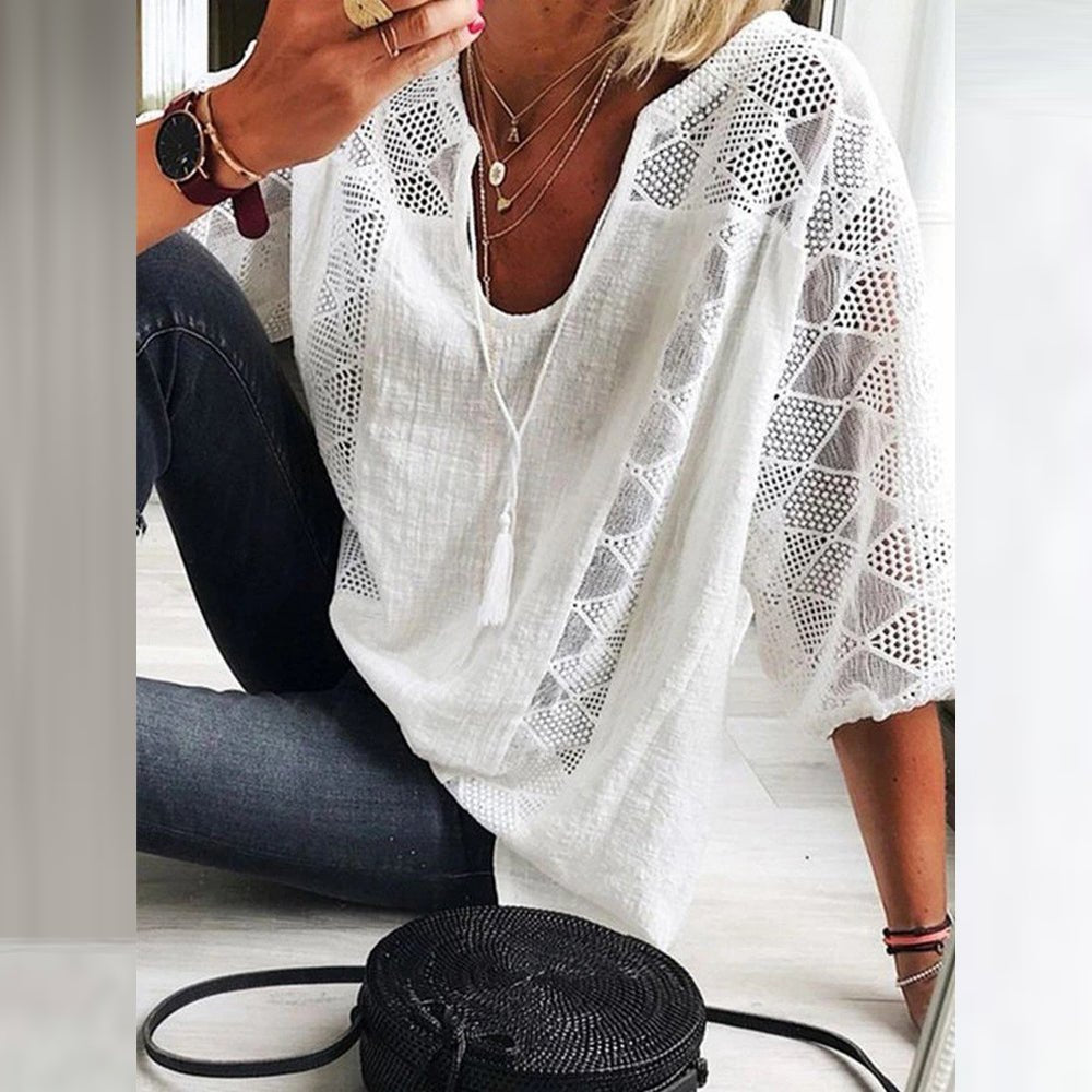 Women's Loose-Fit Three-Quarter Sleeve Crochet Panel Boho Blouse - White(Only 3 left!)