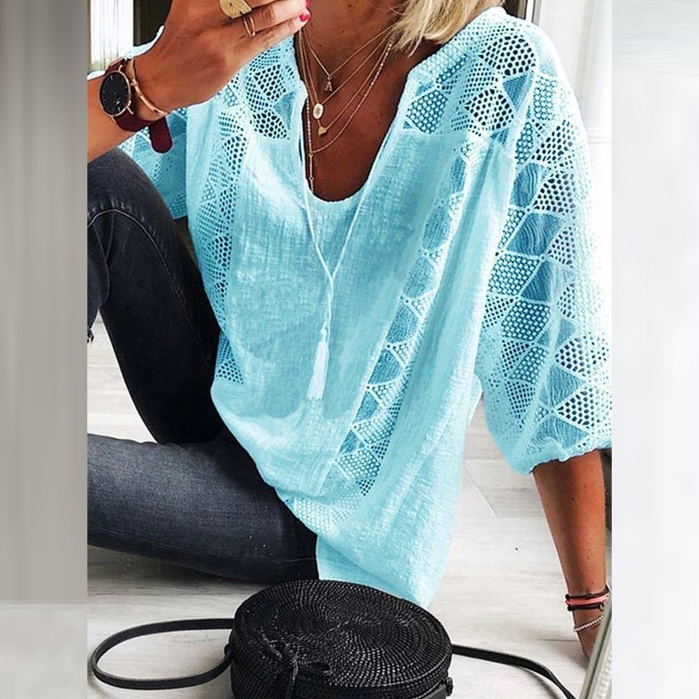 Women's Loose-Fit Three-Quarter Sleeve Crochet Panel Boho Blouse - Light Blue (Only 2 left!)
