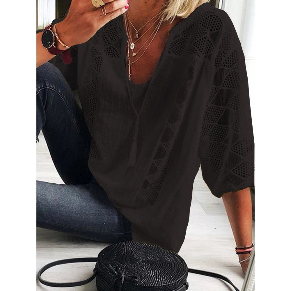 Women's Loose-Fit Three-Quarter Sleeve Crochet Panel Boho Blouse - Black