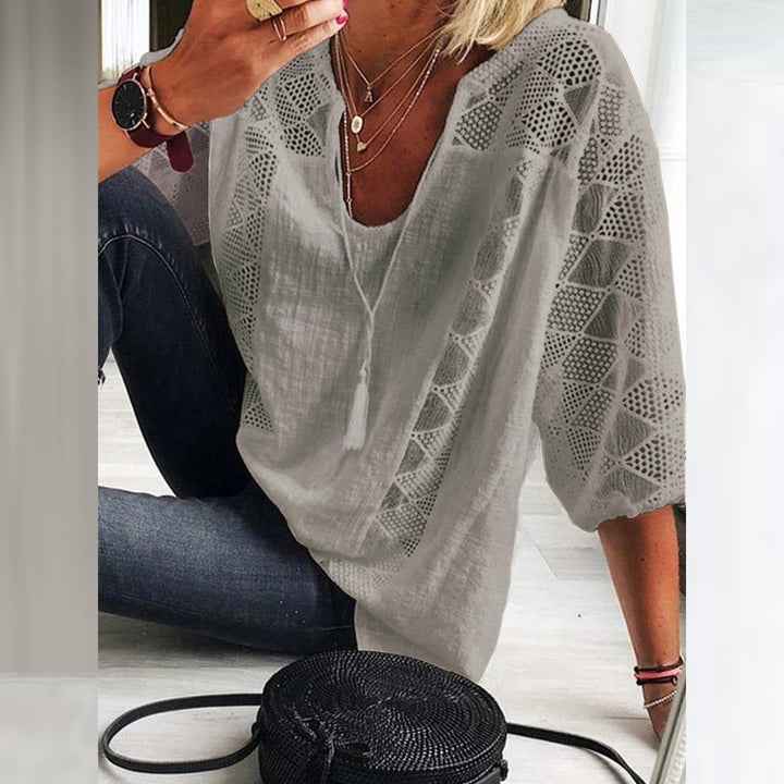 Women's Loose-Fit Three-Quarter Sleeve Crochet Panel Boho Blouse - Grey(Only 6 left!)