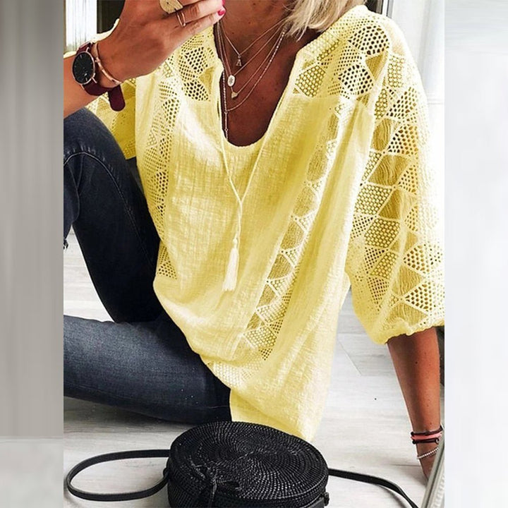 Women's Loose-Fit Three-Quarter Sleeve Crochet Panel Boho Blouse - Yellow