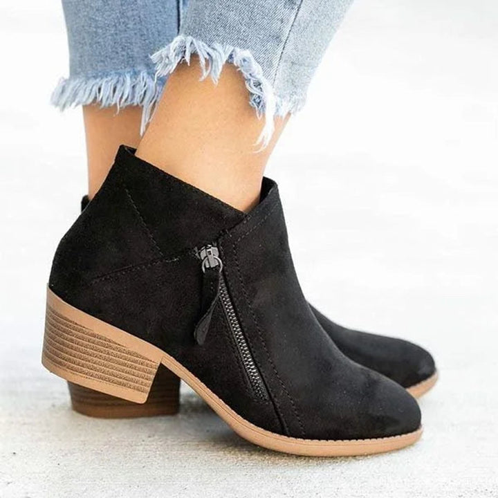 Women's Low-Heel Side-Zip Suede Ankle Boots - Black