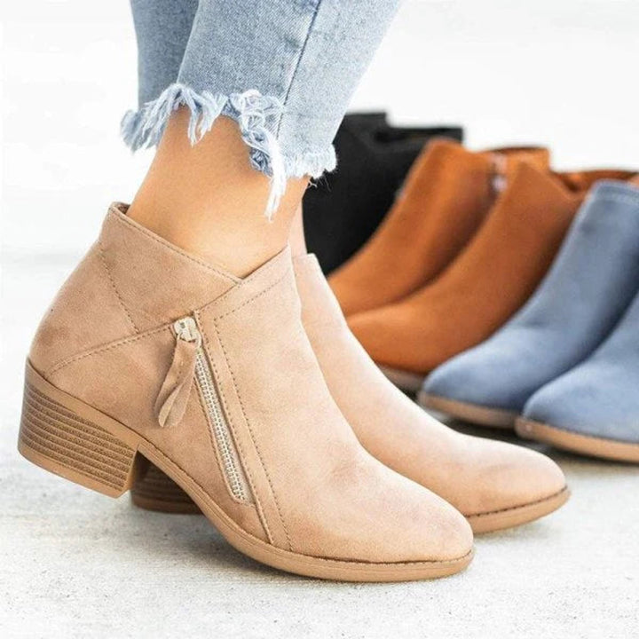 Women's Low-Heel Side-Zip Suede Ankle Boots - Beige