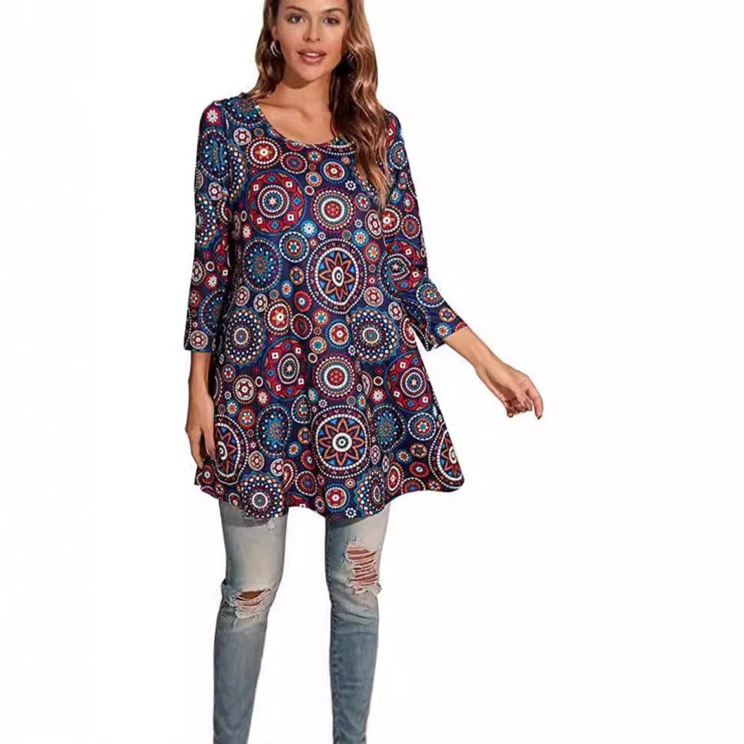 Women's Mandala Print 3/4 Sleeve Swing Tunic Top