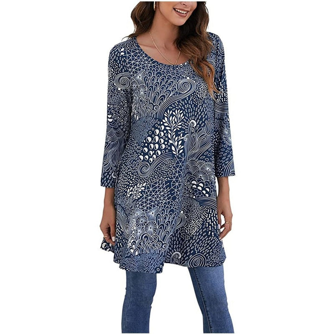 Women's Mandala Print 3/4 Sleeve Swing Tunic Top - A12