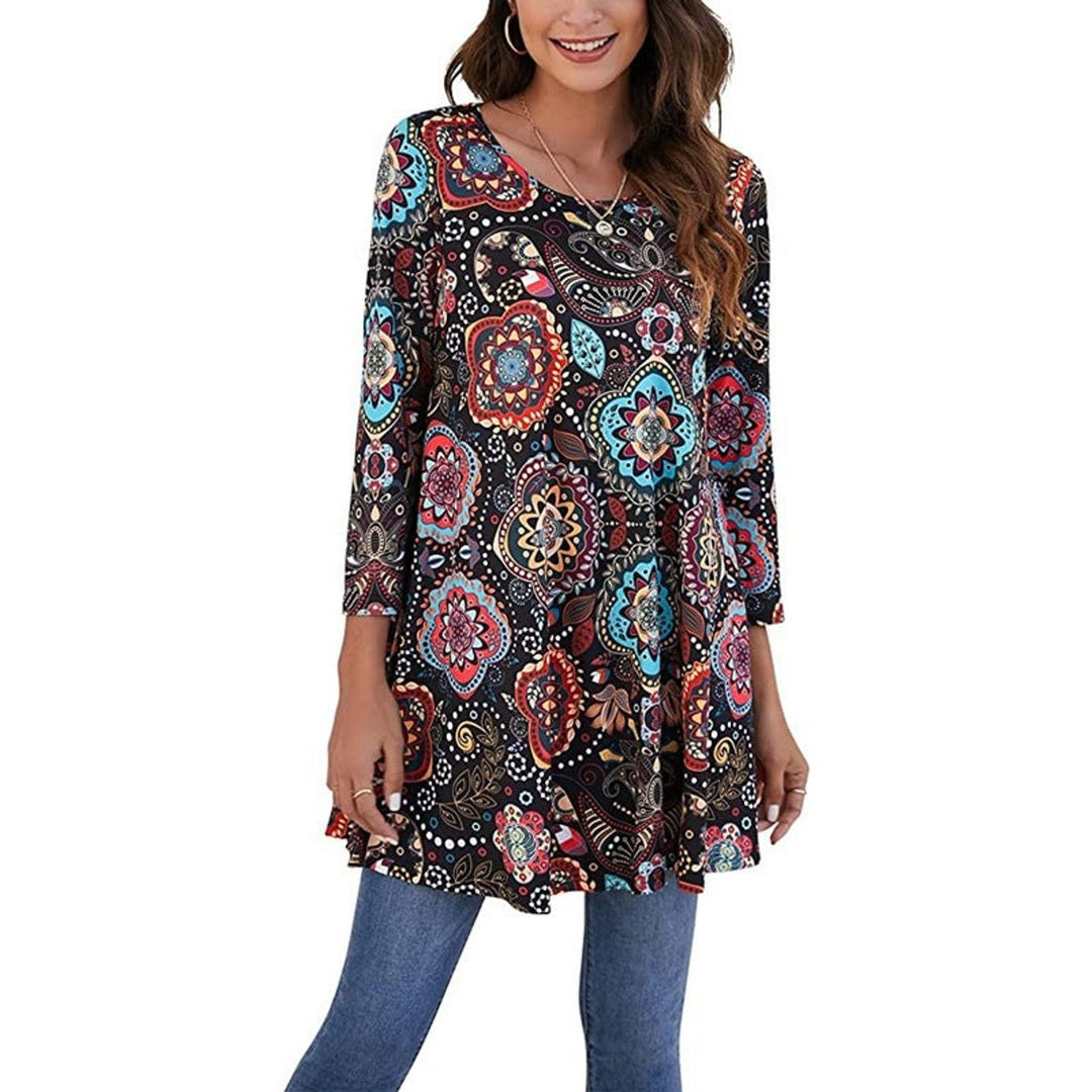 Women's Mandala Print 3/4 Sleeve Swing Tunic Top - A2