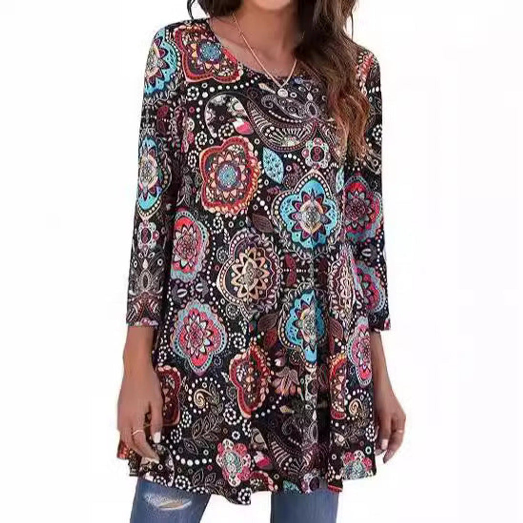 Women's Mandala Print 3/4 Sleeve Swing Tunic Top