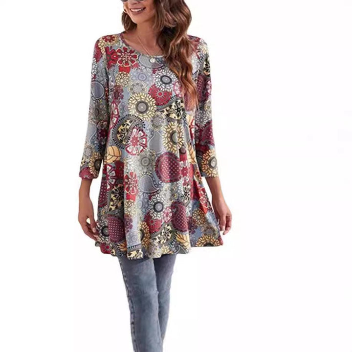 Women's Mandala Print 3/4 Sleeve Swing Tunic Top