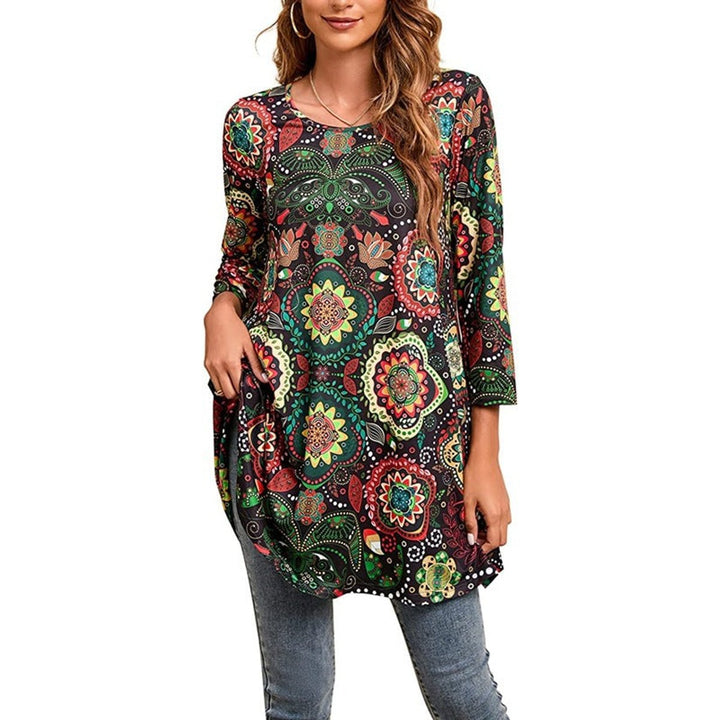 Women's Mandala Print 3/4 Sleeve Swing Tunic Top - A16