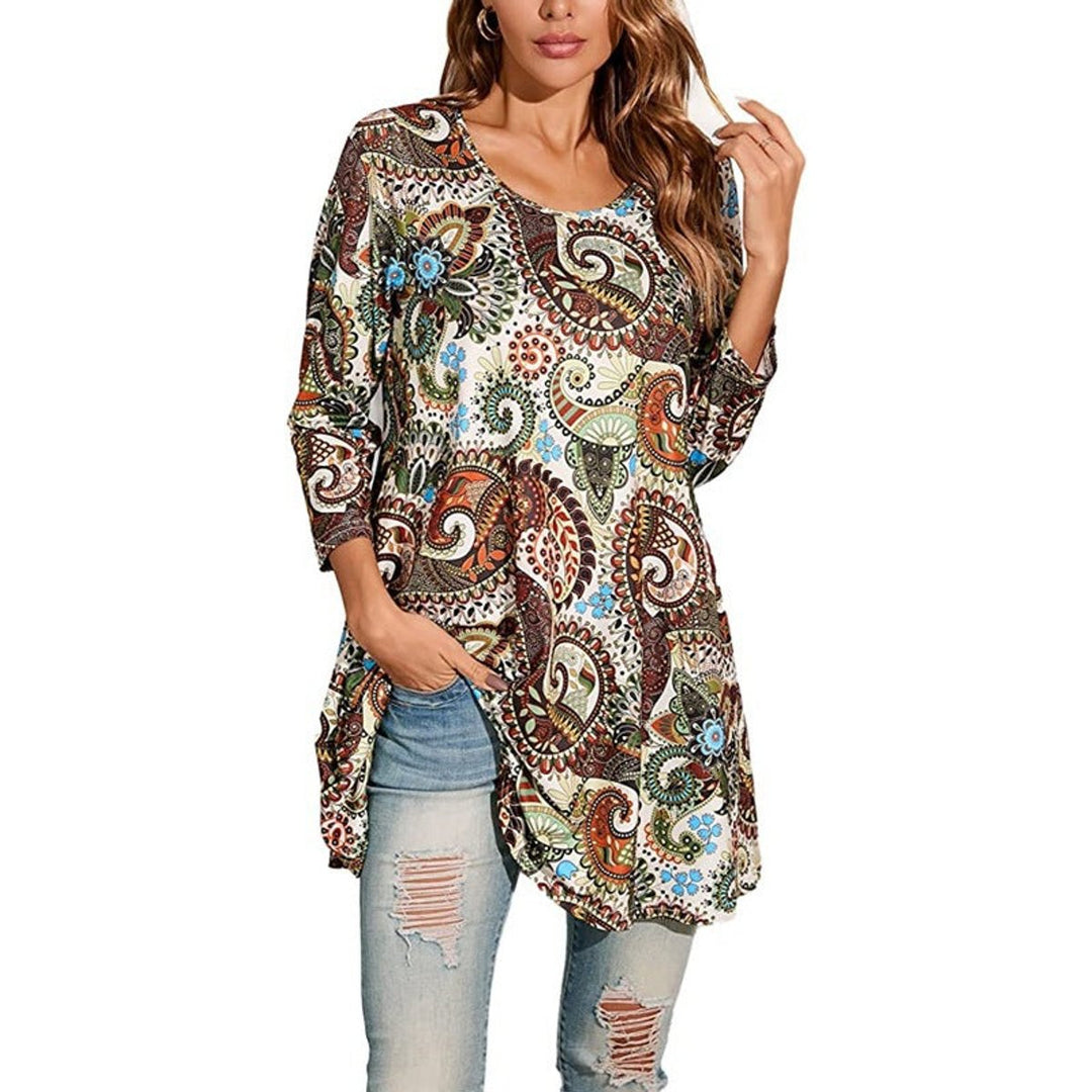 Women's Mandala Print 3/4 Sleeve Swing Tunic Top - A1