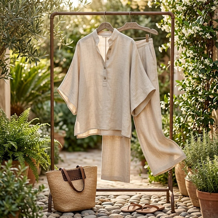 Women's Mandarin Collar Linen Two-Piece Set
