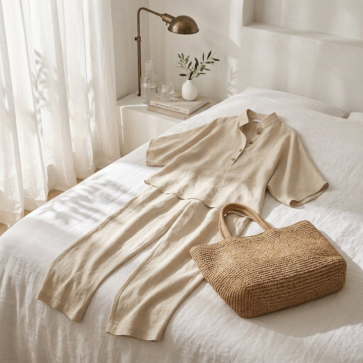 Women's Mandarin Collar Linen Two-Piece Set
