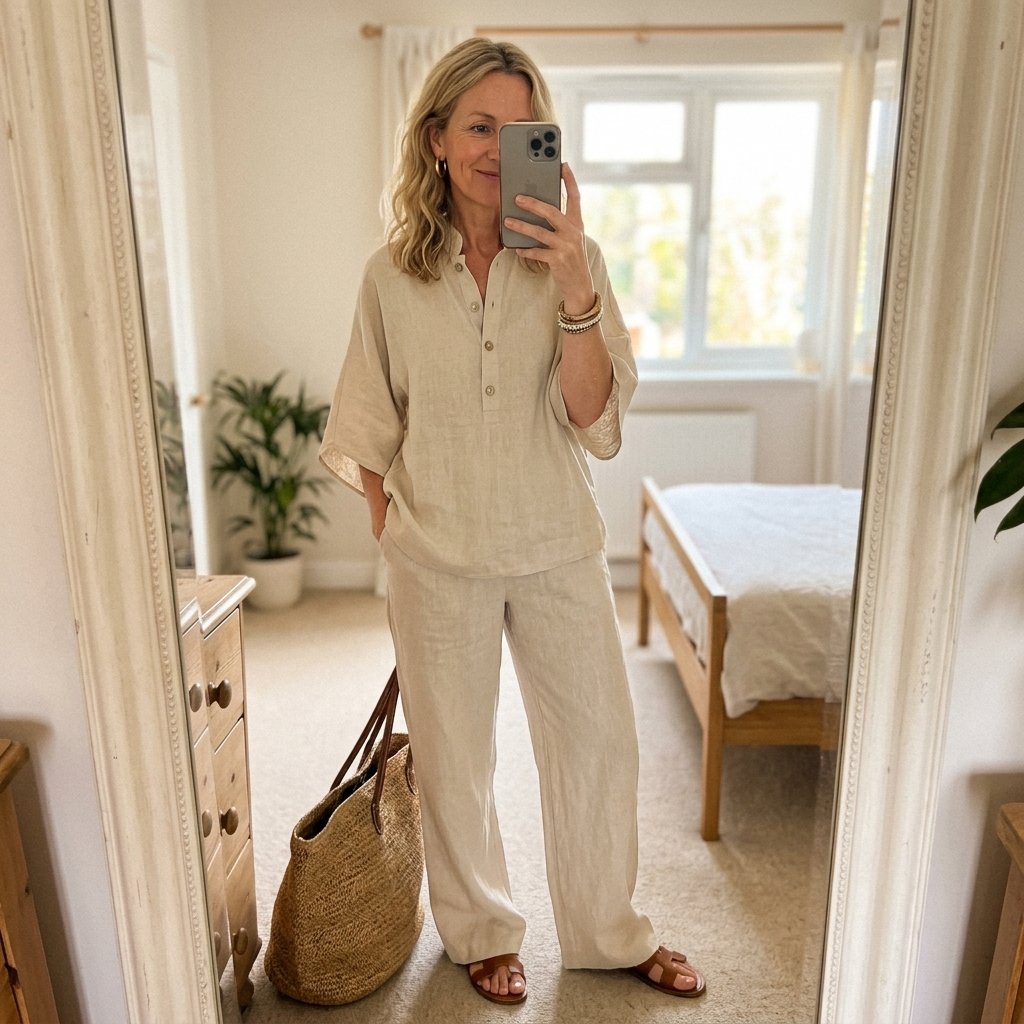 Women's Mandarin Collar Linen Two-Piece Set