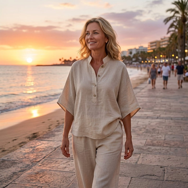 Women's Mandarin Collar Linen Two-Piece Set