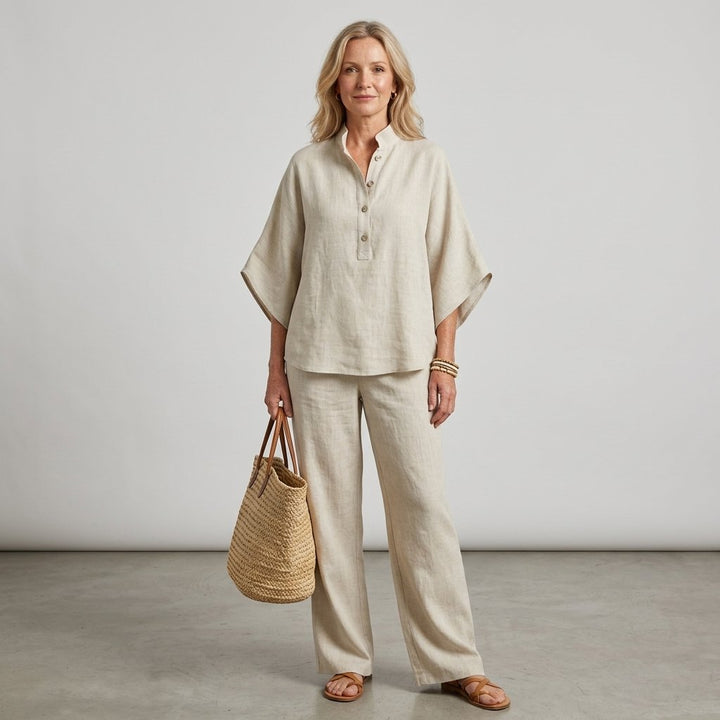 Women's Mandarin Collar Linen Two-Piece Set