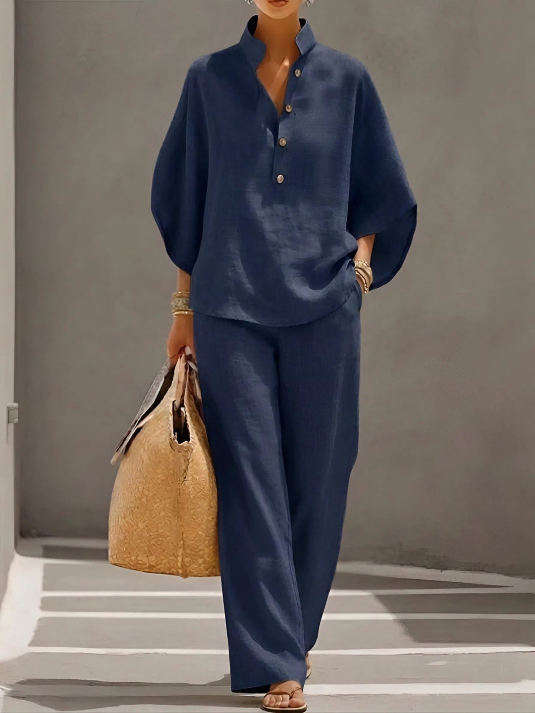 Women's Mandarin Collar Linen Two-Piece Set - Navy