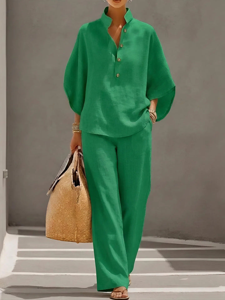 Women's Mandarin Collar Linen Two-Piece Set - Green