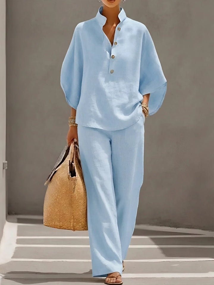 Women's Mandarin Collar Linen Two-Piece Set - Light BLue