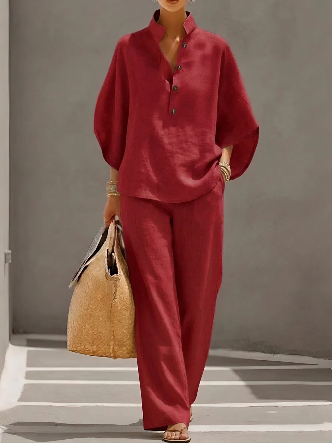 Women's Mandarin Collar Linen Two-Piece Set - Red