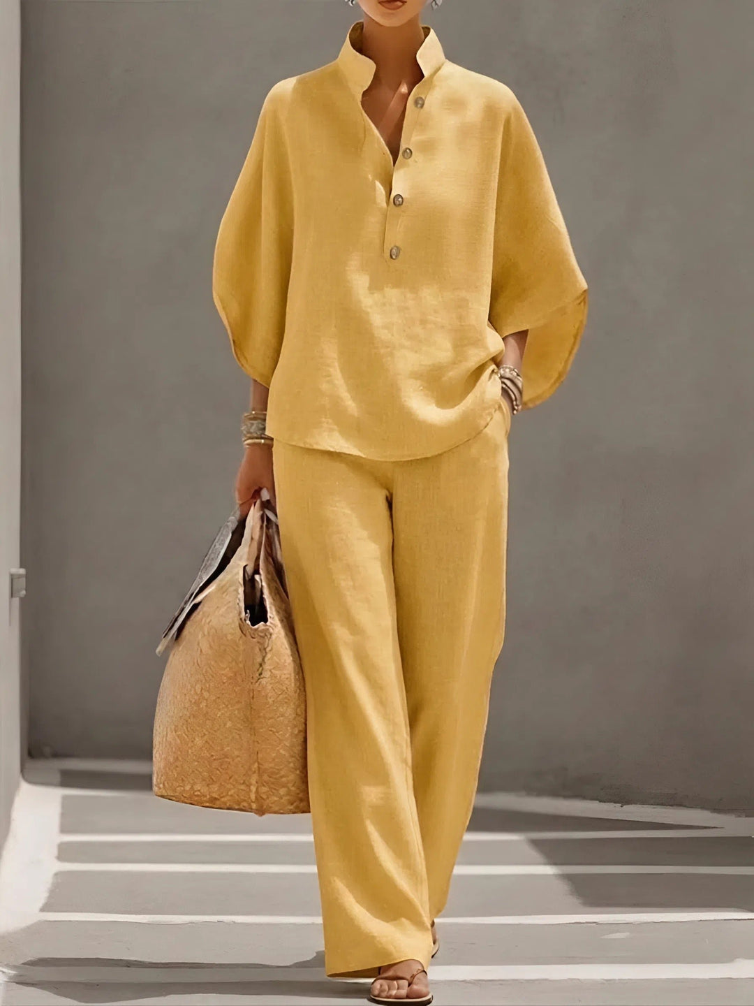 Women's Mandarin Collar Linen Two-Piece Set - Yellow
