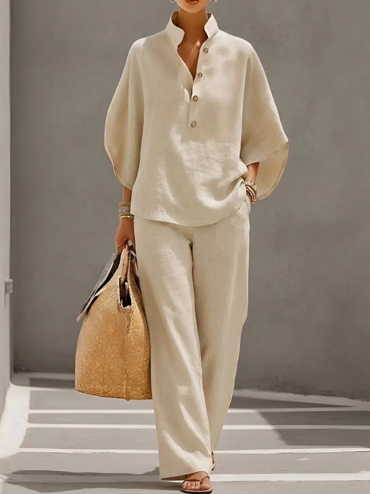 Women's Mandarin Collar Linen Two-Piece Set