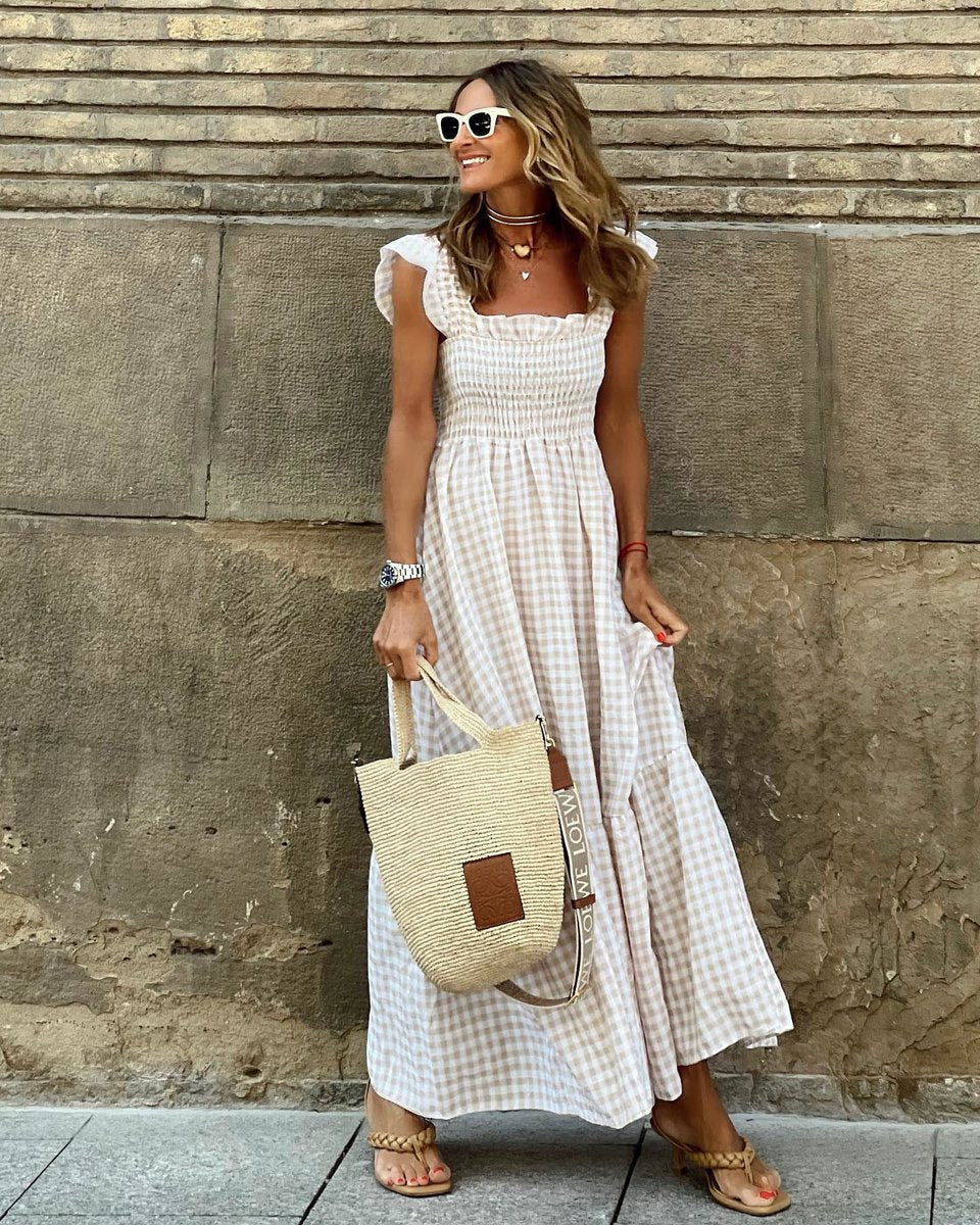 Womens Maxi Dress Gingham Smocked Waist Ruffle Sleeve - Beige