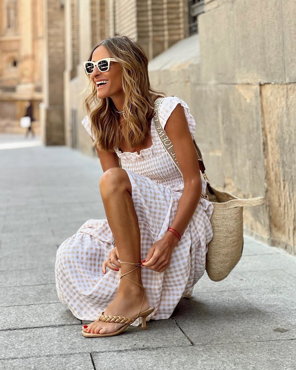 Womens Maxi Dress Gingham Smocked Waist Ruffle Sleeve