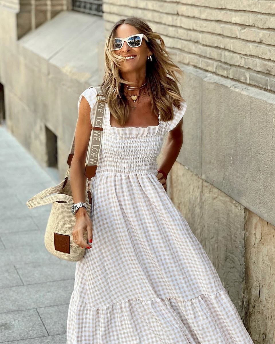 Womens Maxi Dress Gingham Smocked Waist Ruffle Sleeve