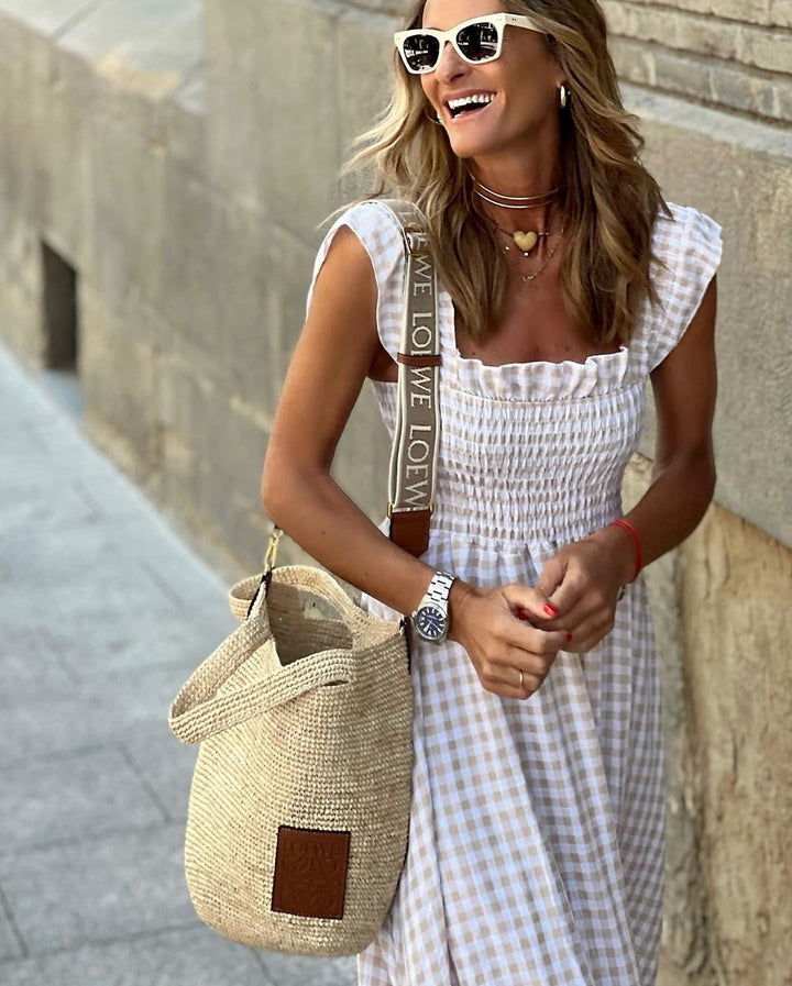 Womens Maxi Dress Gingham Smocked Waist Ruffle Sleeve