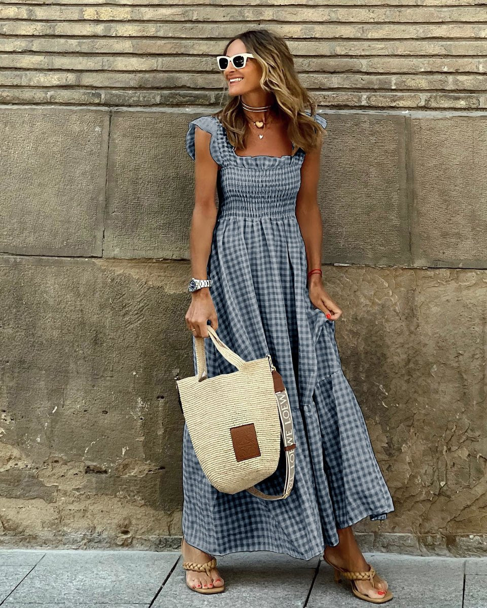 Womens Maxi Dress Gingham Smocked Waist Ruffle Sleeve - Black